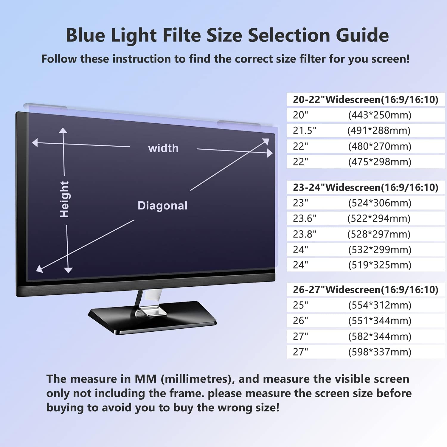 Anti Blue Light Screen Filter, Universal Blue Light Blocking Screen Protector Panel for 23, 23.6, 23.8, 24 inches Diagonal Desktop Computer LED PC Monitor- Widescreen Monitor Frame Hanging Type